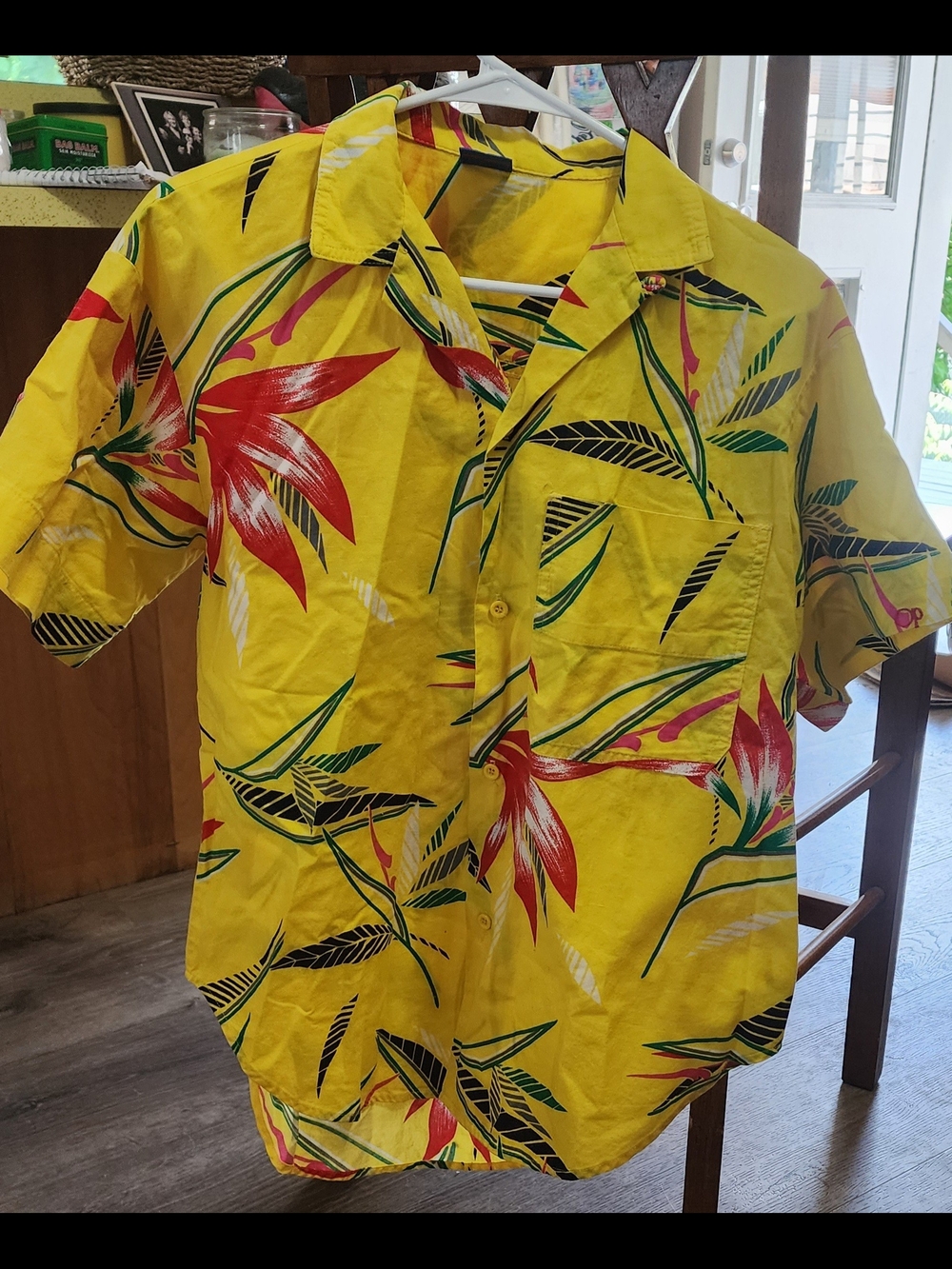 OP Yellow Tropical Print Short-Sleeve Button Down Shirt Sz SM/MED?
